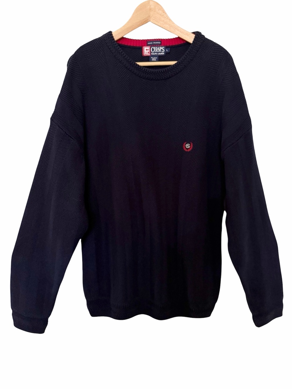 Chaps Ralph Lauren Sweater Men L Navy Cotton Herringbone Hand Framed Crew Logo